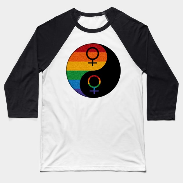 Rainbow Colored Lesbian Pride Yin and Yang with Female Gender Symbols Baseball T-Shirt by LiveLoudGraphics